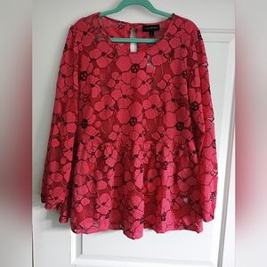 NWT LANE BRYANT Women's 18 Pink Black Floral Lace Long Sleeve Shirt Blouse Top